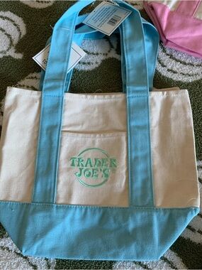 Trader Joe's Cream and Light Blue Canvas Tote